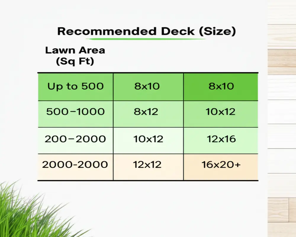 Table showing recommended deck sizes by lawn area