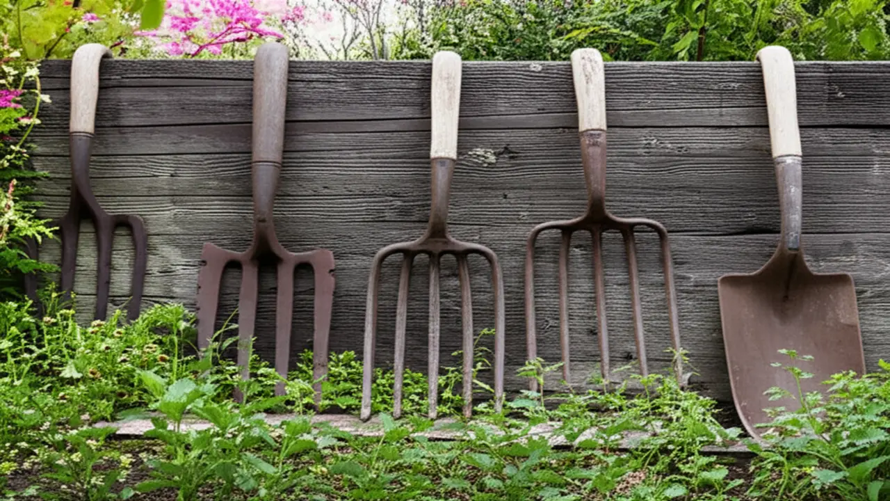 Decorative display of vintage garden forks in a rustic garden setting showcasing their aesthetic appeal
