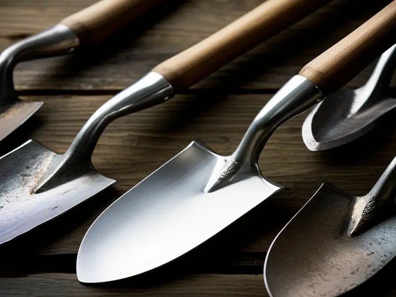 A collection of high-quality forged garden spades, with a prominent DeWit spade in the foreground, showcasing different blade shapes and handle types.