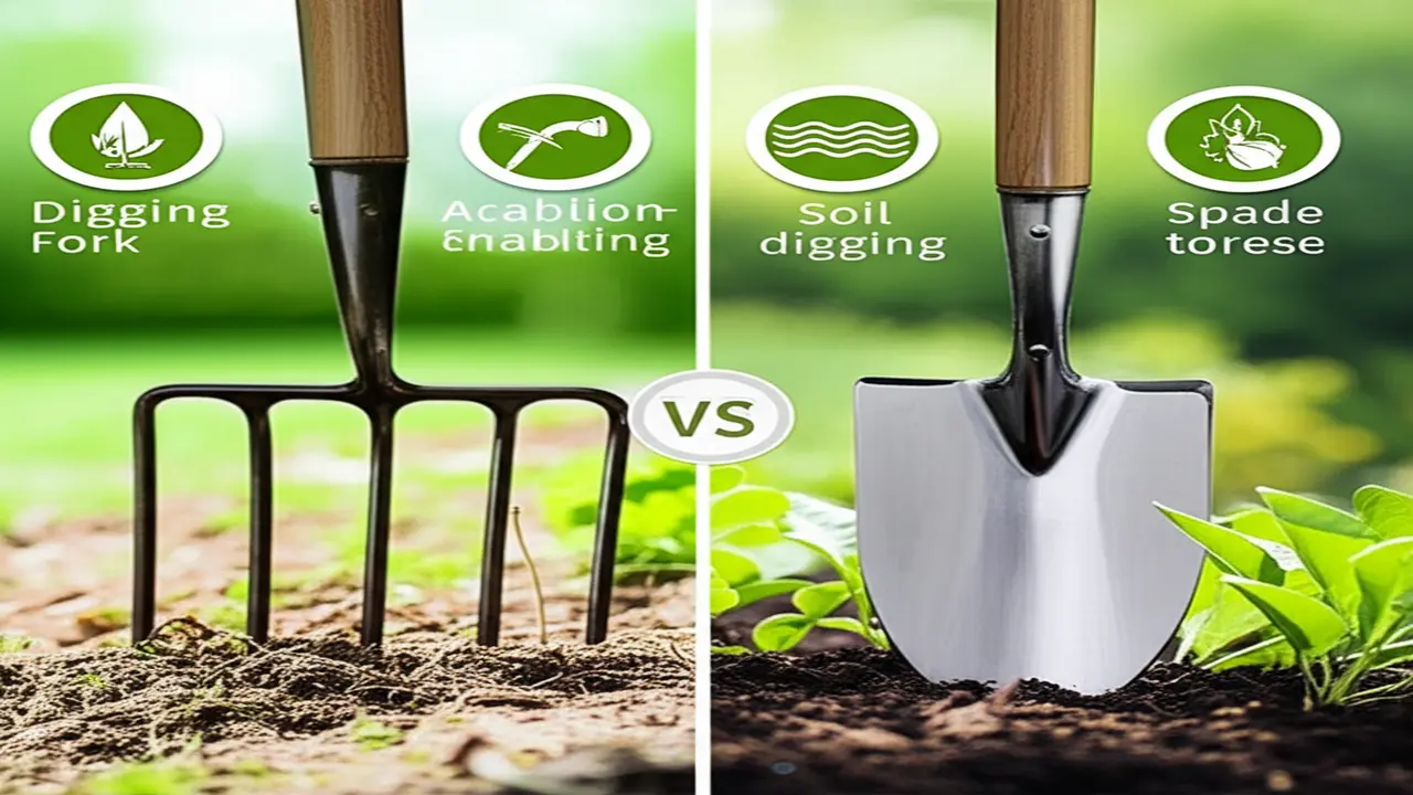 Comparison of digging fork and spade tools highlighting benefits