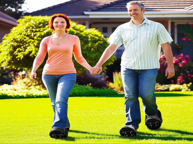 Person wearing lawn aerator shoes walking on a lawn