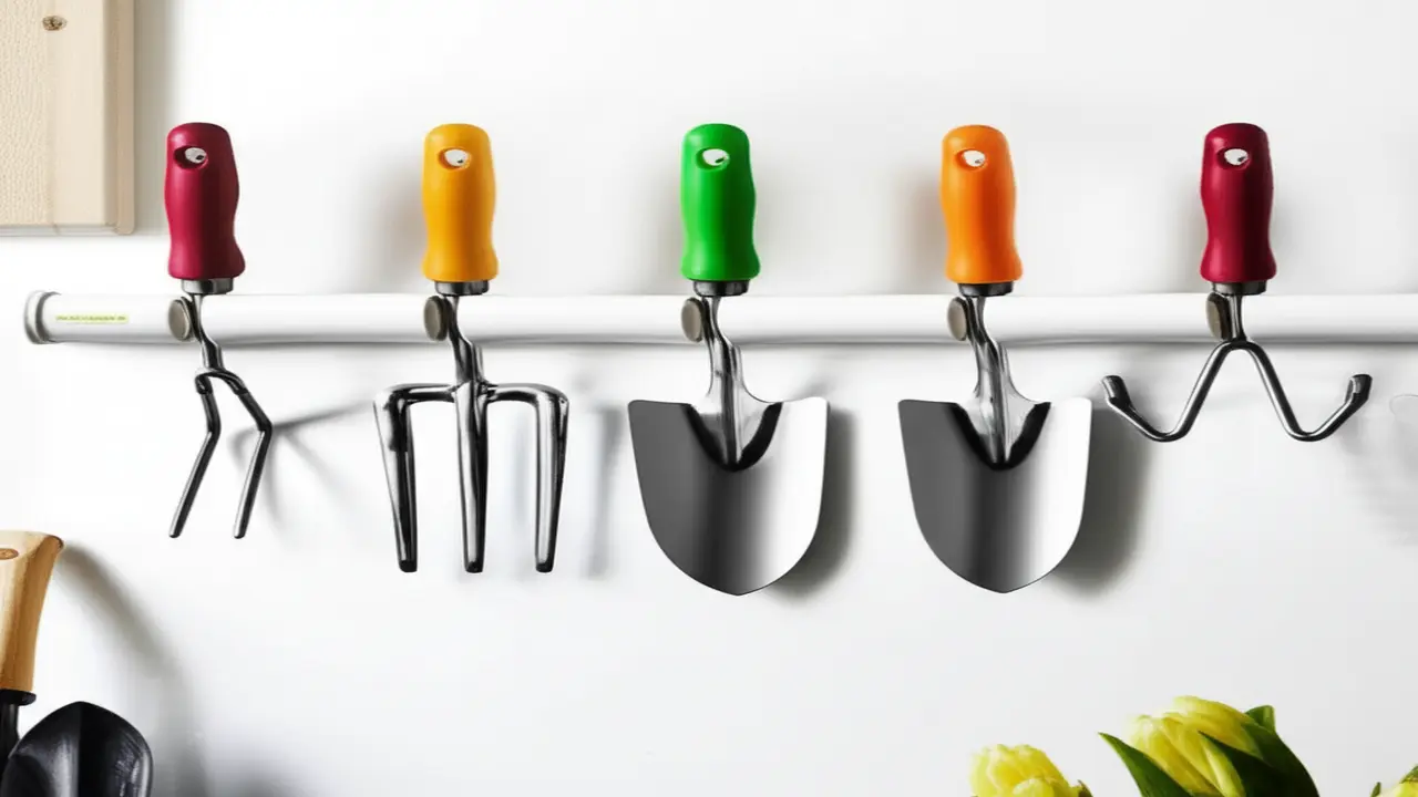 DIY PVC pipe organizer mounted on wall for hand cultivator storage