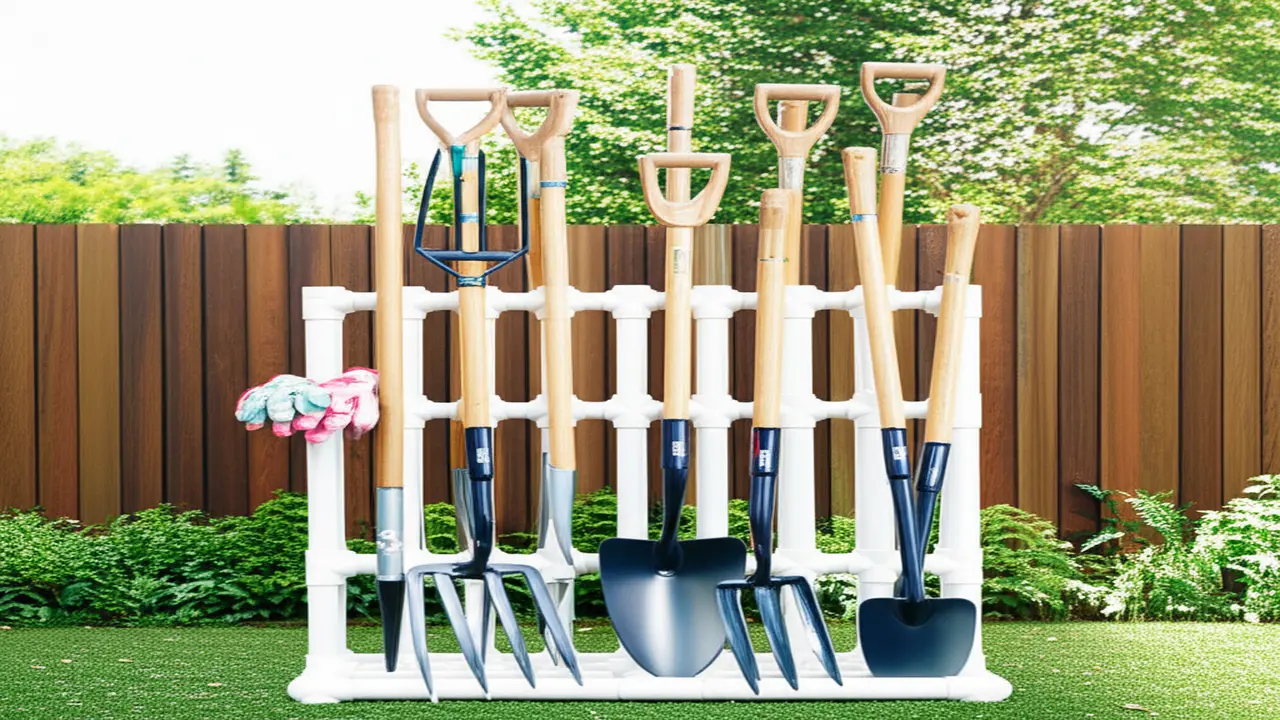 DIY PVC pipe garden fork organizer for garden fork storage demonstrating vertical tool slots