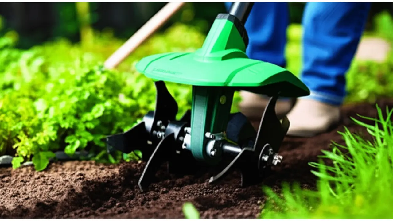 Electric hand cultivator working in a garden soil bed