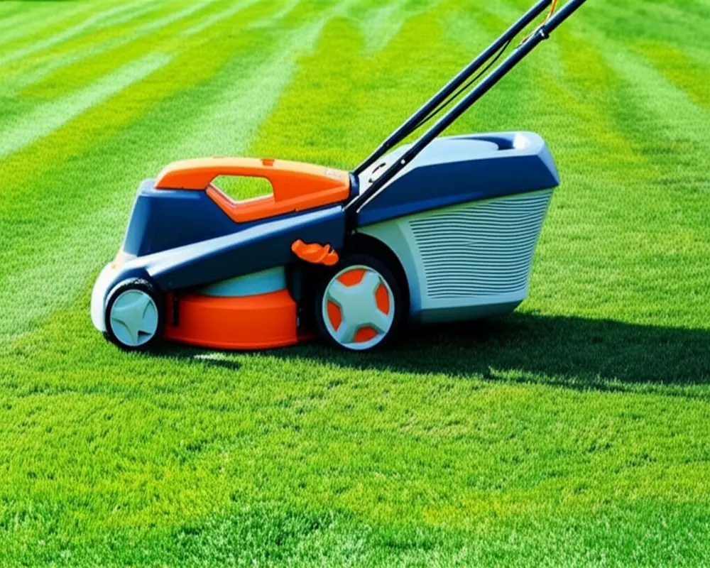 Electric lawn mower in a green yard cutting grass quietly