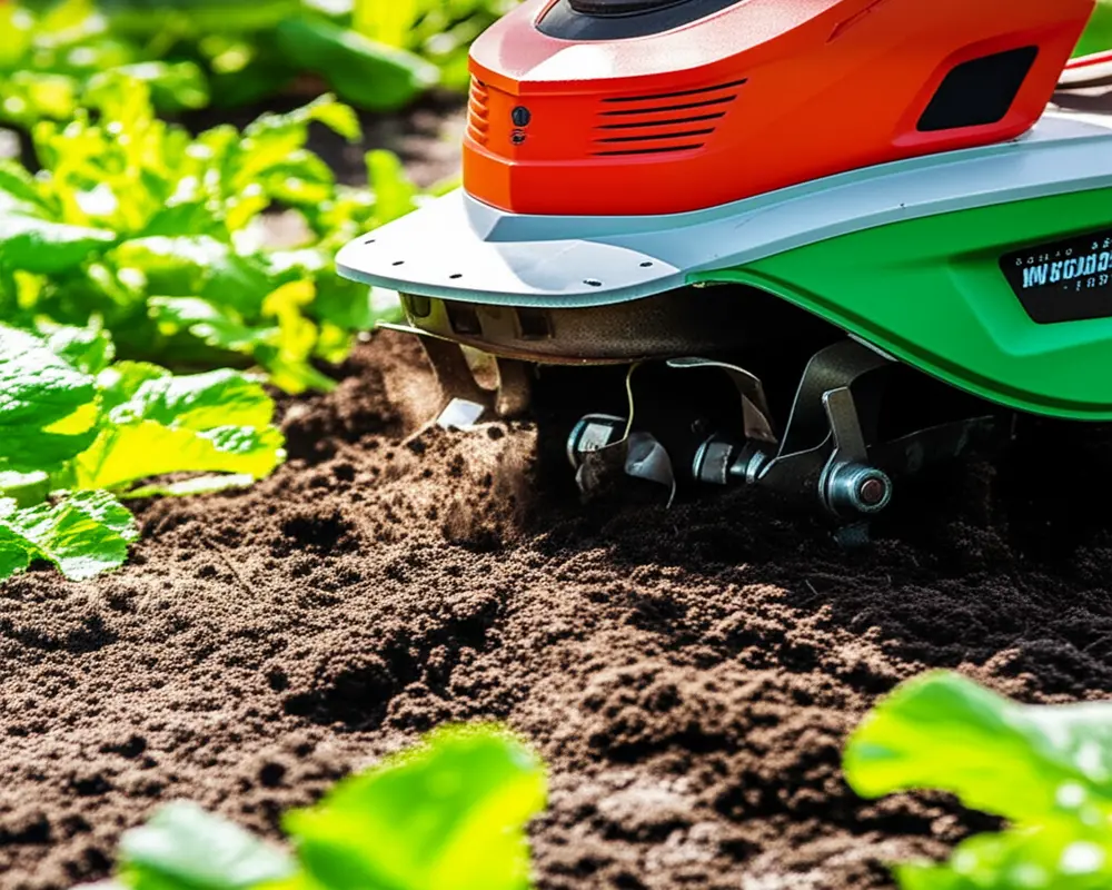 Electric garden tiller breaking up soil
