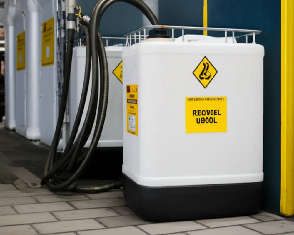 Used engine oil stored properly in sealed recycling container