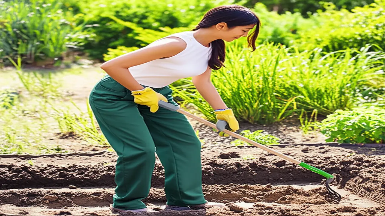Proper ergonomic posture using a hand cultivator to avoid back pain and strain
