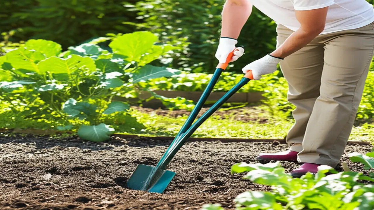 User demonstrating proper ergonomic posture using hand cultivator
