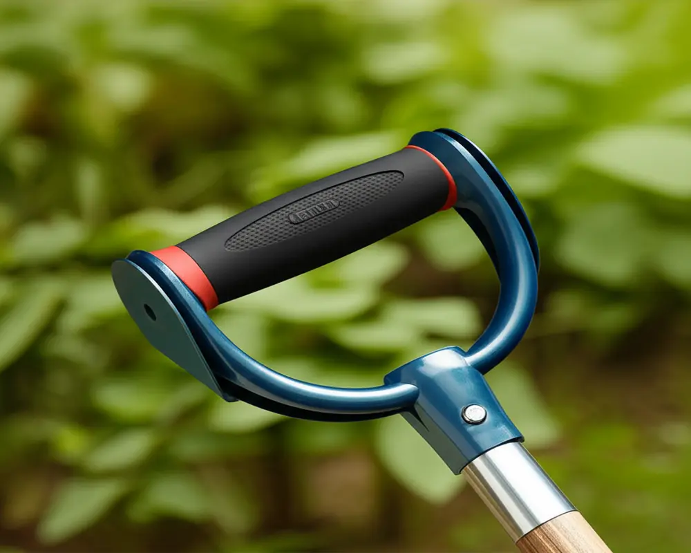 Ergonomic D-grip handle on garden fork for comfortable transplanting use