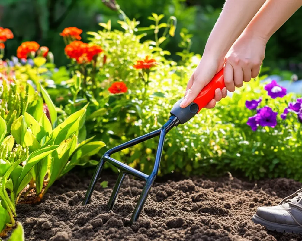 Gardener using ergonomic professional garden fork in soil Gardener using ergonomic professional garden fork in soil