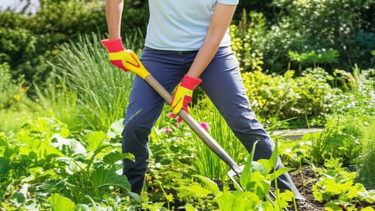 Gardener demonstrating ergonomic posture while using a garden fork