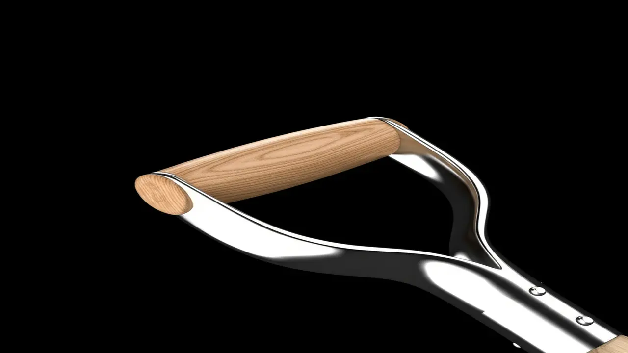 Ergonomic handle of a carbon steel garden fork showing ash wood material and D-handle design