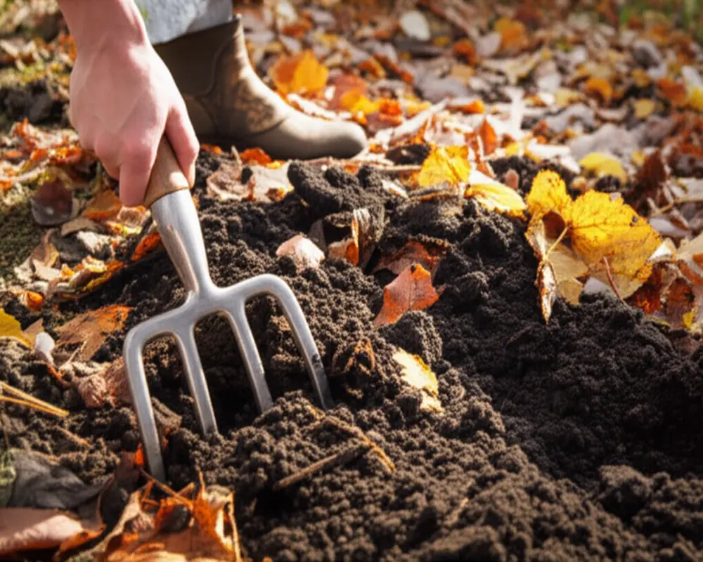 Garden fork aerating fall soil for better spring growth