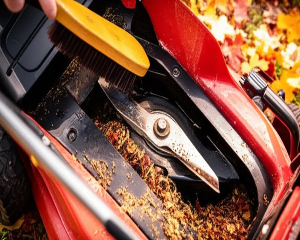 Fall lawn mower being cleaned with brush, showing blade and deck maintenance