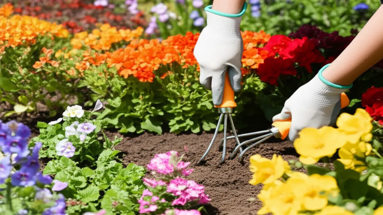 Using hand cultivator to aerate flower bed soil