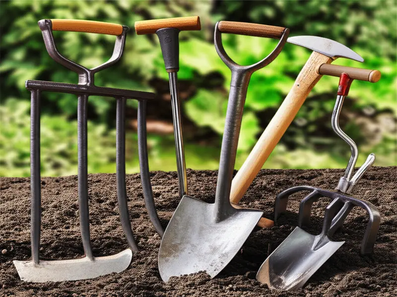 Various garden tools including spades, mattocks, and cultivators, representing alternatives to a garden fork.