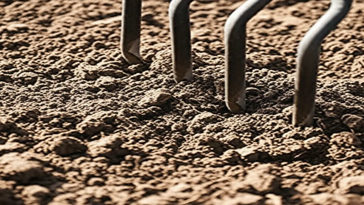 Garden fork penetrating dense clay soil for aeration and loosening