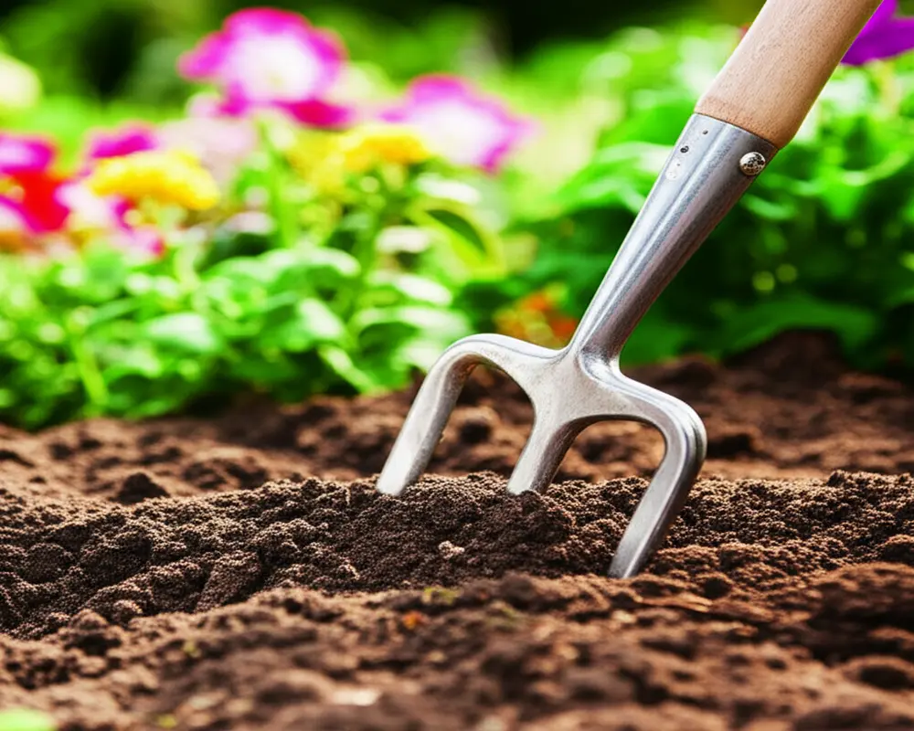 Garden fork digging into soil for productivity