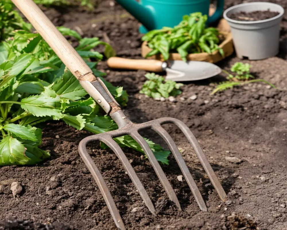 Garden fork with a loose handle needing repair