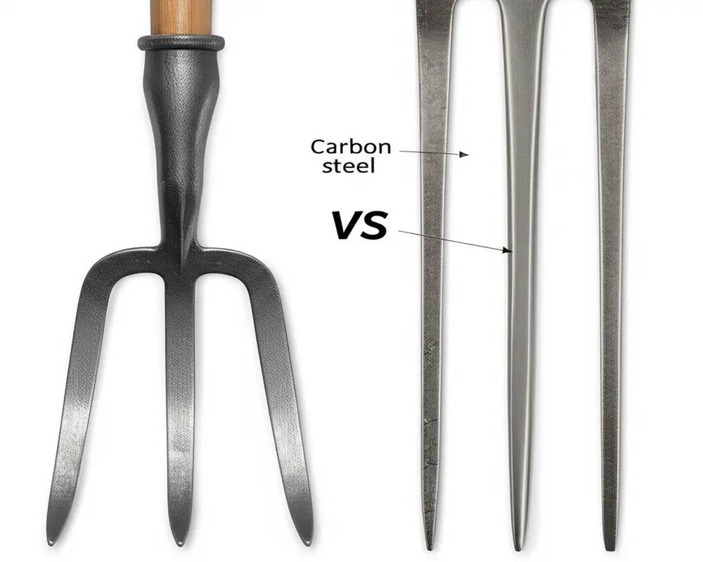 Garden Fork Materials Various garden fork tine materials: carbon steel, stainless steel, forged vs welded showing construction differences