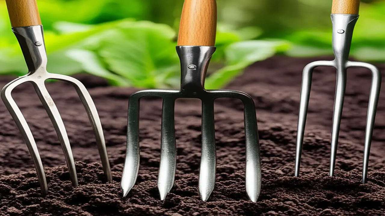 High-resolution images of different types of garden forks showing details and materials