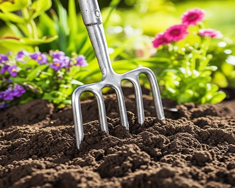 Garden fork inserted into soil for aeration