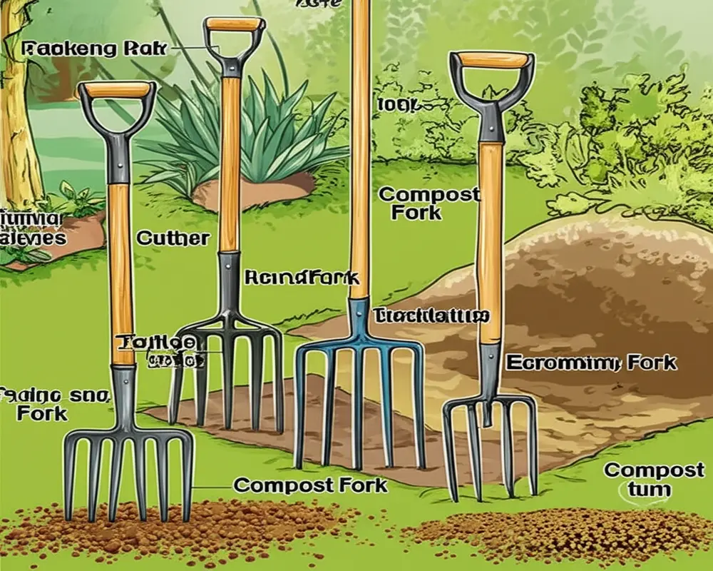 Different types of garden forks used for composting