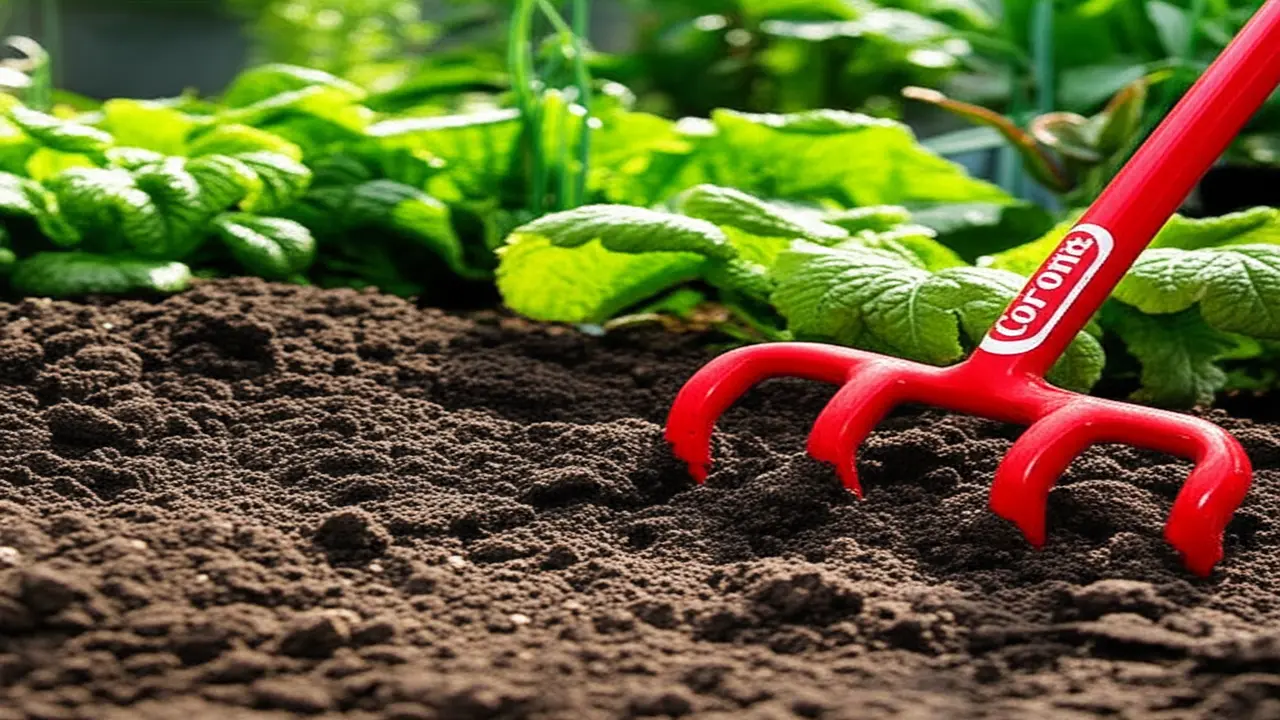 Garden soil being aerated with a Corona hand cultivator showing improved soil health