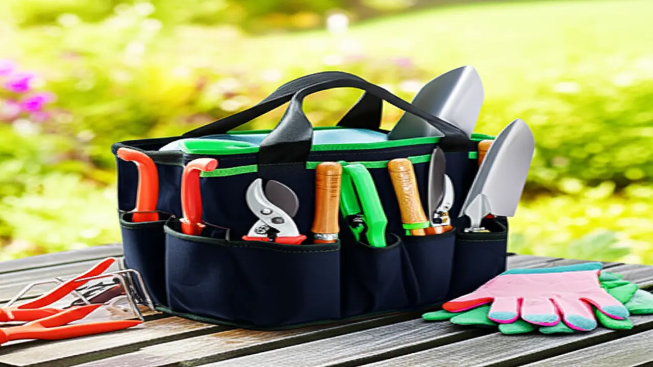 Portable garden tool caddy with multiple pockets holding hand cultivators and accessories