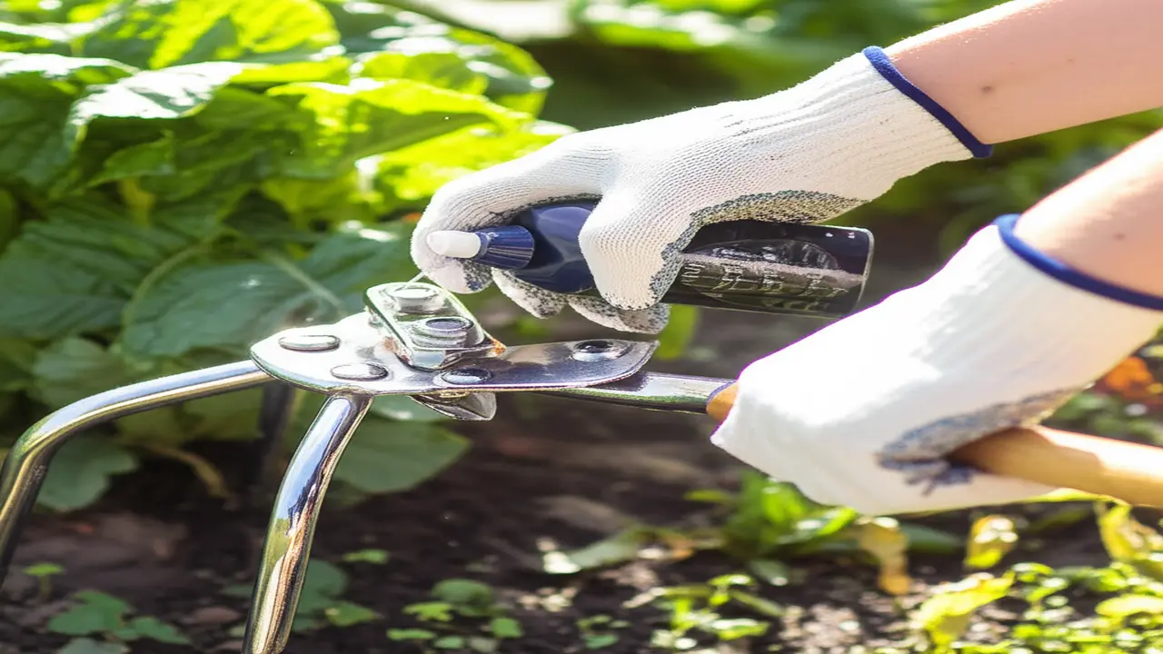 Gardener cleaning and oiling adjustable hand cultivator to prevent rust and maintain performance