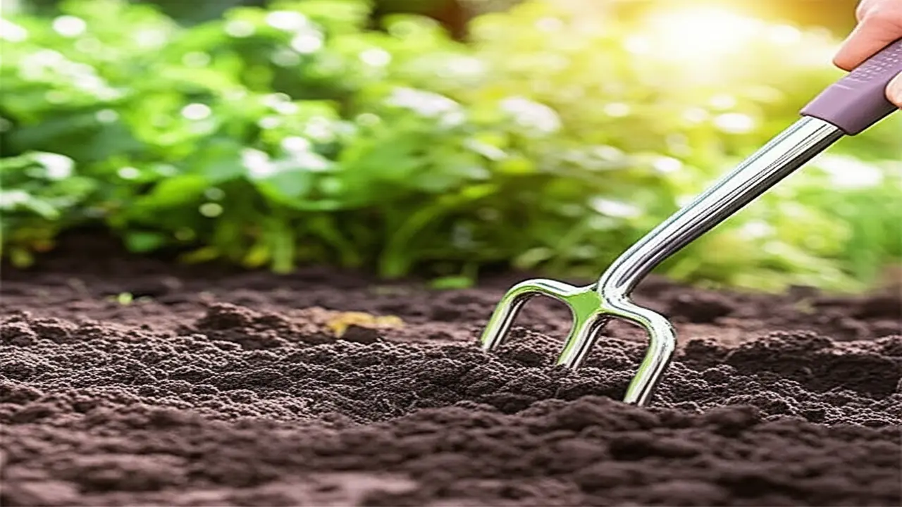Garden fork aerating heavy soil, demonstrating primary use in gardening