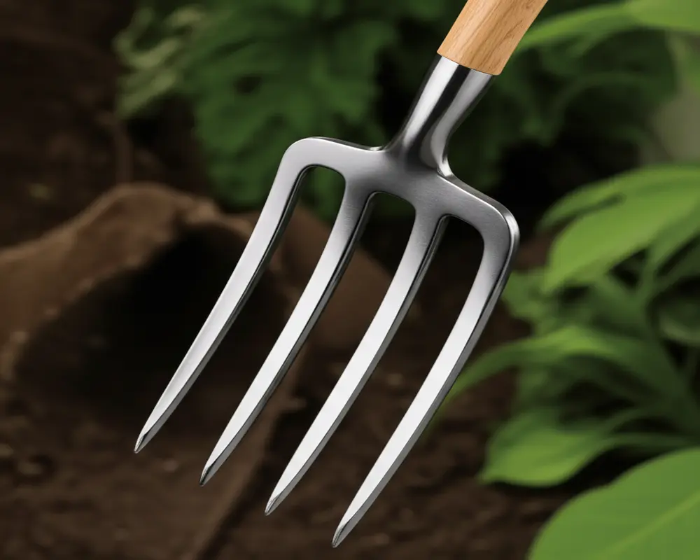 Close-up on garden fork tines and handle materials showing carbon steel and ash wood