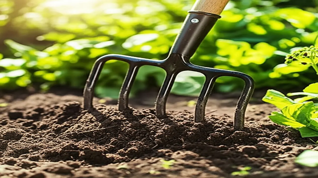 Garden fork in action turning soil, illustrating tool versatility