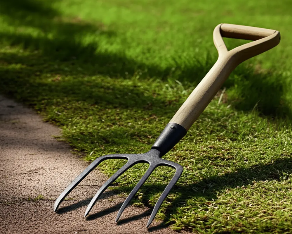 Medieval garden fork with iron tines and wooden handle showcasing early agricultural design