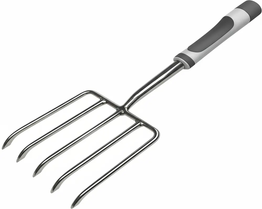Modern garden fork with ergonomic handle and stainless steel tines emphasizing advanced materials and comfort