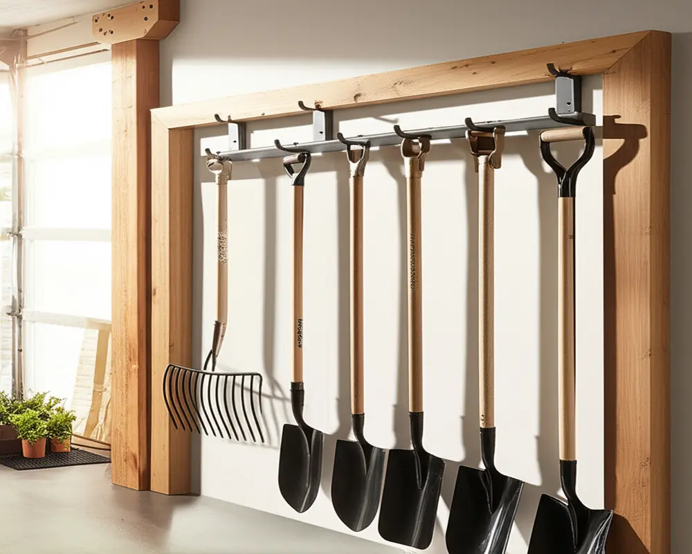Wall-mounted garden fork storage rack organizing tools neatly and safely