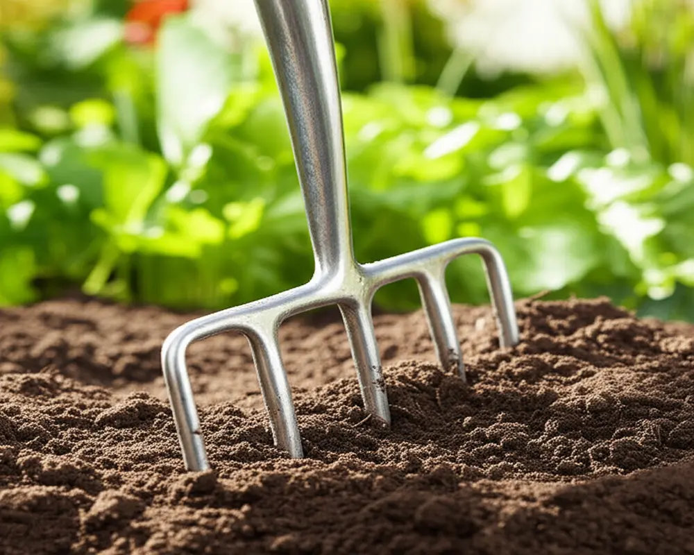 Garden fork with sharp tines for breaking soil