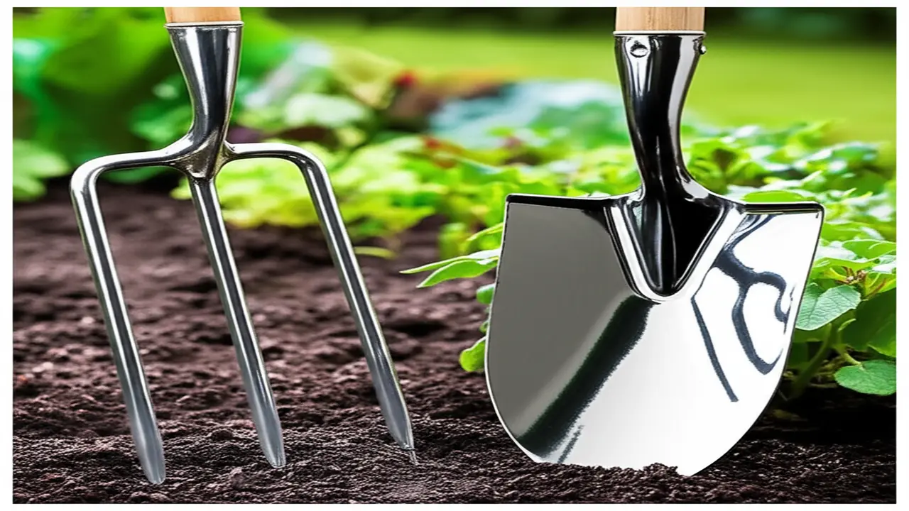 Garden fork versus spade showing tines and flat blade comparison for gardening tools