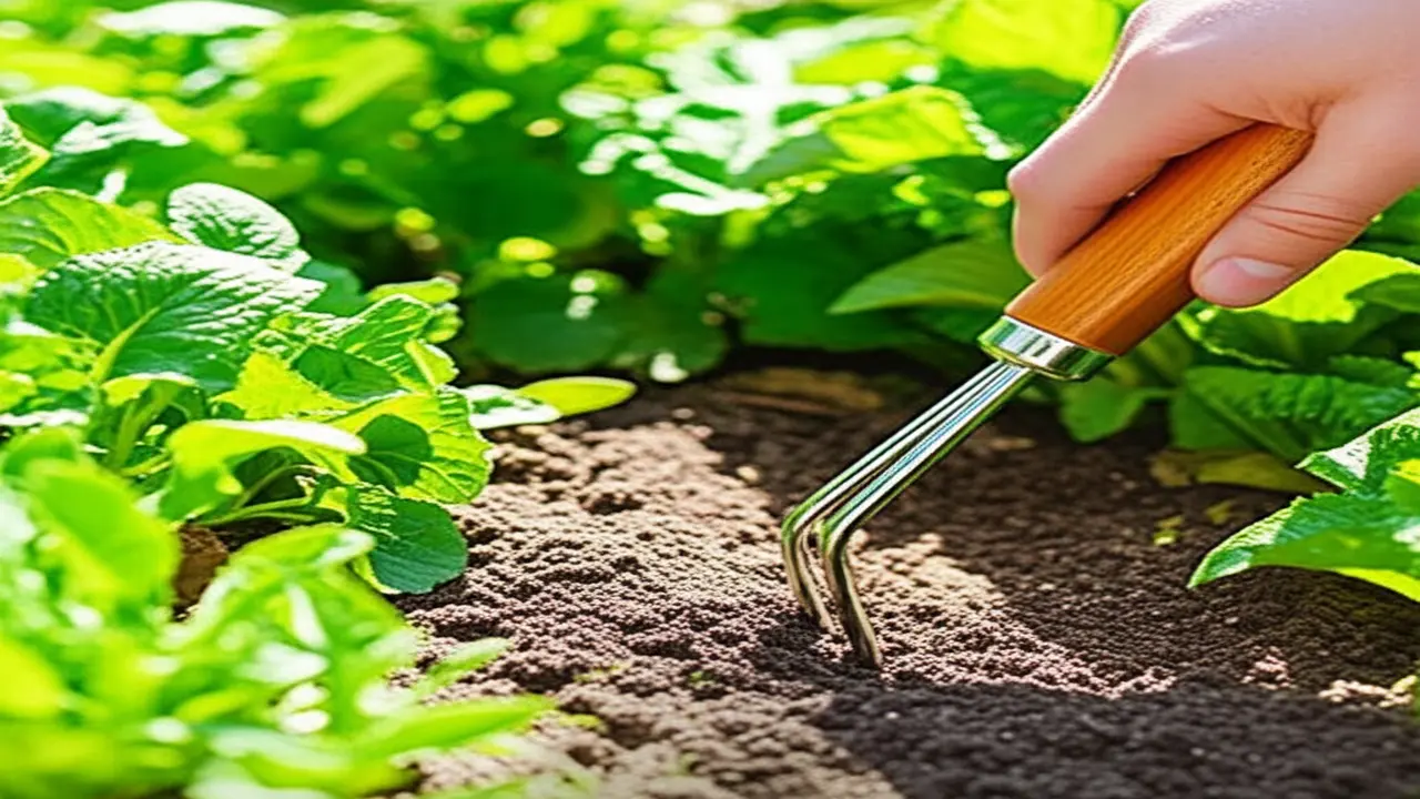 The Hand Cultivator in action Garden hand cultivator tool in use in small flower bed with soil and green plants