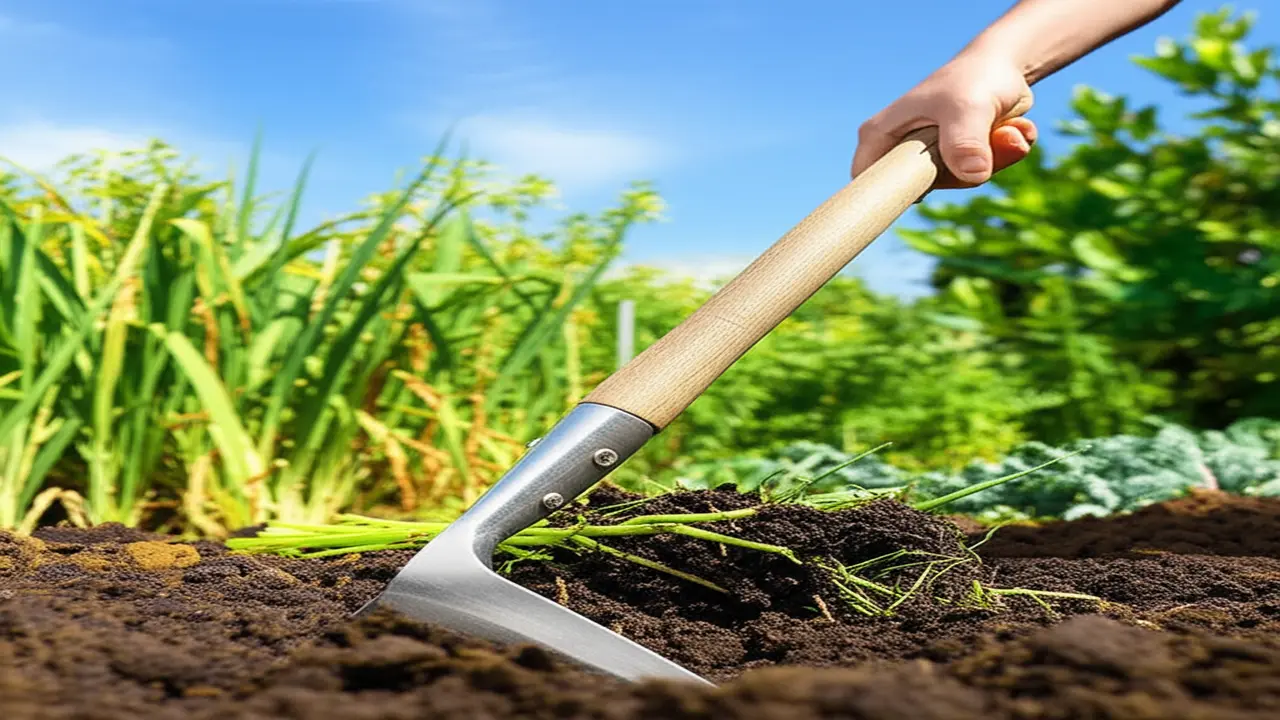 Garden hoe with long handle and angled blade clearing weeds from soil