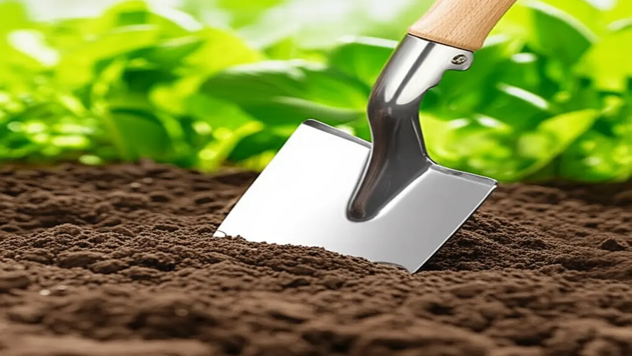 Garden spade digging a clean hole in loamy soil, showcasing gardening spade advantages