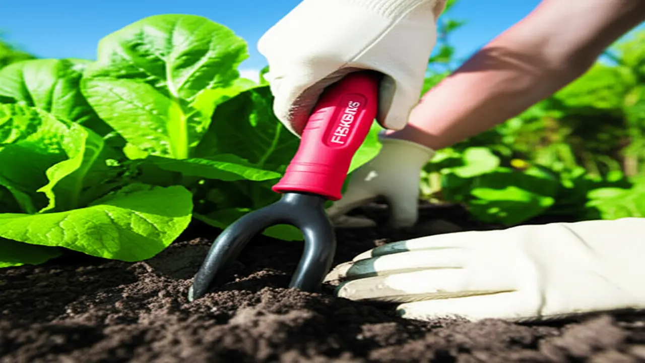 Gardener using Fiskars hand cultivator in soil aeration to improve garden bed health