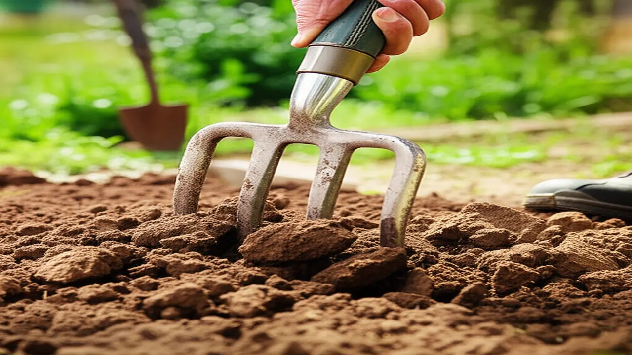 Gardener using heavy-duty garden fork to break up clay soil effectively