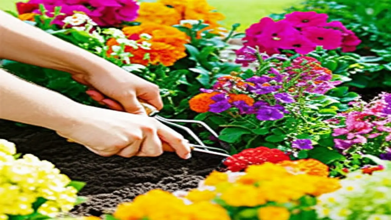 Gardener using hand cultivator carefully in a flower bed