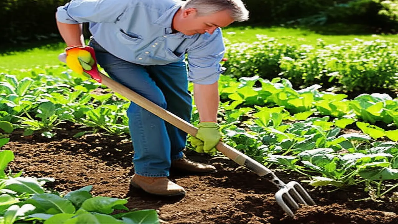 Experienced gardener using digging fork with proper technique