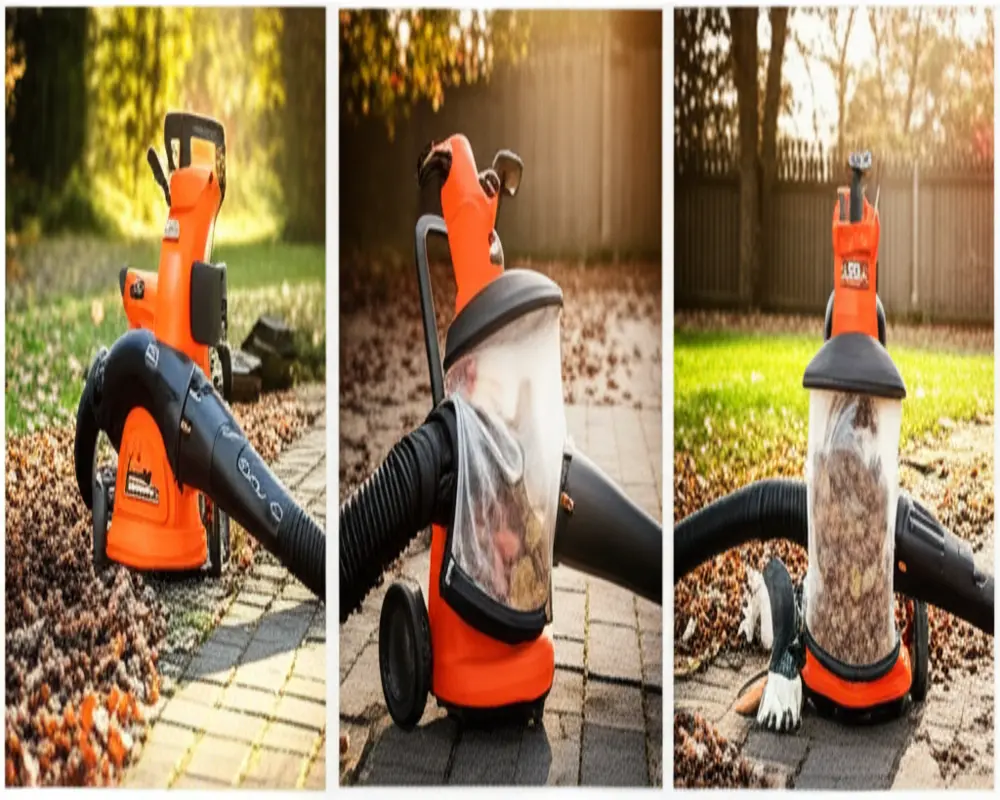 Gas leaf blower with attachments like mulcher and vacuum to show versatility