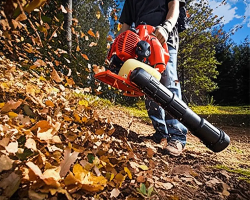 User operating a gas leaf blower outdoors demonstrating power and heavy-duty use