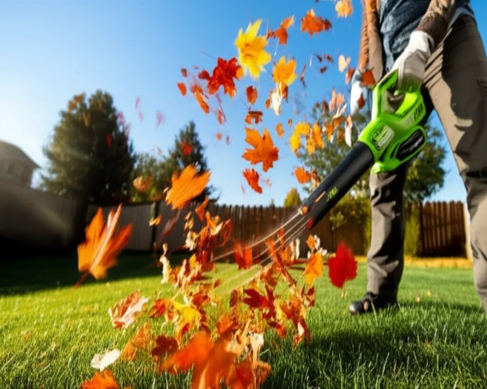 Greenworks leaf blower 40V in action moving leaves