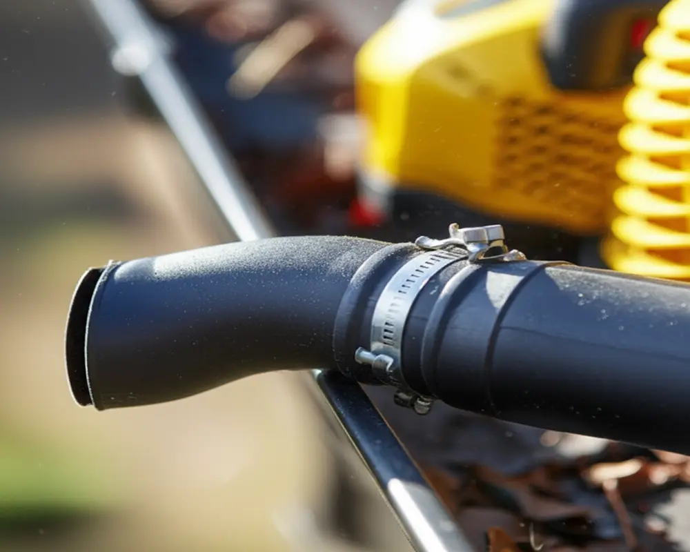Close-up of curved gutter nozzle and extension tube attached to a leaf blower for gutter cleaning